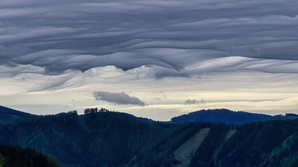Mystical clouds and scenic view from mount Roethelstein near Mixnitz in Styria, Austria. Landscape...