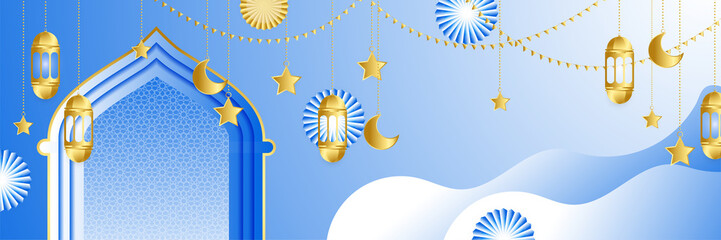 Ramadhan white blue colorful wide banner design background