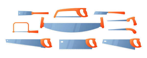 Vector illustration set of hacksaw with orange handle isolated on white background. Different types of carpenter or repairmen handsaw vector icons set. Construction tool for cutting metal and tree.
