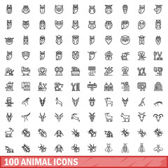 100 animal icons set. Outline illustration of 100 animal icons vector set isolated on white background