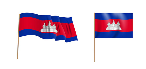 Colorful naturalistic waving flag of Kingdom of Cambodia. Illustration.