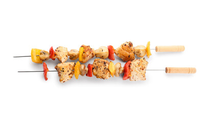 Grilled chicken skewers with vegetables isolated on white background