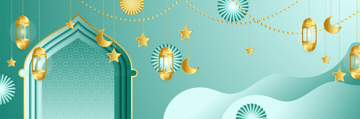 Ramadhan white green colorful wide banner design background