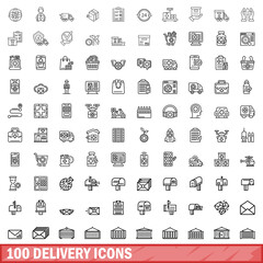 Fototapeta na wymiar 100 delivery icons set. Outline illustration of 100 delivery icons vector set isolated on white background