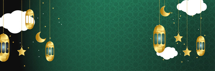 Premium Ramadhan green and gold colorful wide banner design background