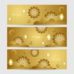 Set of Brown and gold lantern colorful ramadhan banner design background