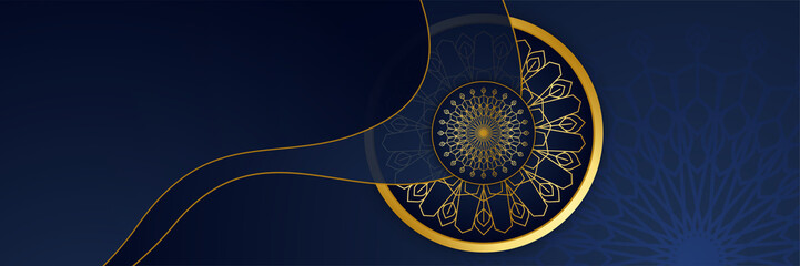Ramadhan blue colorful wide banner design background. Islamic ramadan kareem banner background with crescent pattern moon star mosque lantern. Vector illustration.