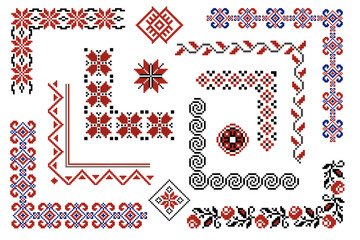 Set of editable Ukrainian traditional seamless ethnic patterns for embroidery stitch. Vintage floral and geometric ornaments, corners, elements.