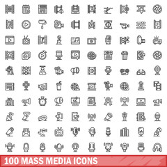 100 mass media icons set. Outline illustration of 100 mass media icons vector set isolated on white background