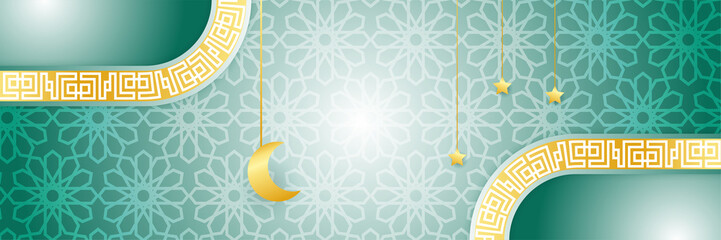 Fototapeta na wymiar Ramadhan white green colorful wide banner design background