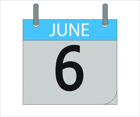 June 6th. Calendar icon. Date day of the month Sunday, Monday, Tuesday, Wednesday, Thursday, Friday, Saturday and Holidays
