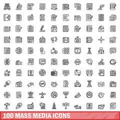 100 mass media icons set. Outline illustration of 100 mass media icons vector set isolated on white background