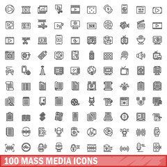 100 mass media icons set. Outline illustration of 100 mass media icons vector set isolated on white background