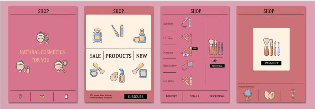 Makeup shop brochure. Online shopping template. Flyer, magazine, poster, book cover, booklet. Store webpage infographic concept. Layout illustration page with icon