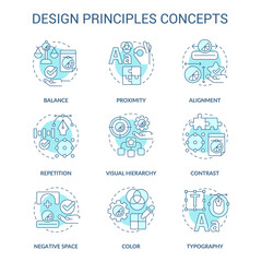 Design principles turquoise concept icons set. Art work. Visual content trends idea thin line color illustrations. Isolated symbols. Editable stroke. Roboto-Medium, Myriad Pro-Bold fonts used