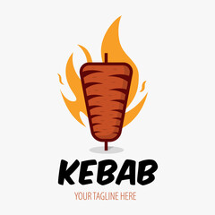 Creative Doner kebab logo with flame element. Shawarma emblem. Turkish fast food restaurant, barbecue cafe or grill bar symbol of skewer or rotating spit with grilled meat.