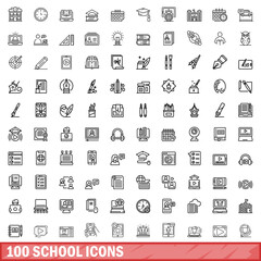 Fototapeta premium 100 school icons set. Outline illustration of 100 school icons vector set isolated on white background