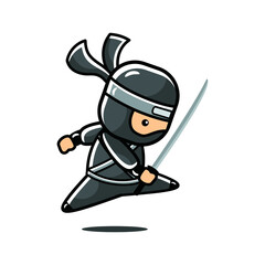 Cartoon black little ninja jump with one sword