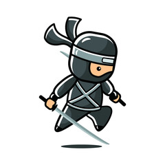 Cartoon black little ninja jump with two swords