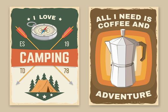 Set of camping retro posters. Vector illustration. Concept for badge, patch, shirt, logo, print, stamp or tee. Design with campfire, mountains, coffee and forest silhouette.