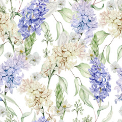 Beautiful tender  watercolor seamless pattern  with different flowers of hyacinth, tulips, violet. Illustration...