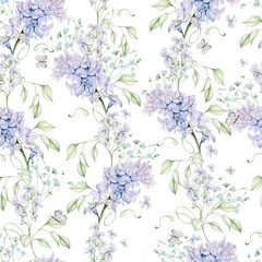 Beautiful tender  watercolor seamless pattern  with different flowers of hyacinth, tulips, violet. Illustration...