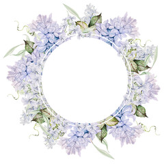 Beautiful tender  watercolor wreath with different flowers of hyacinth, tulips, violet. Illustration...