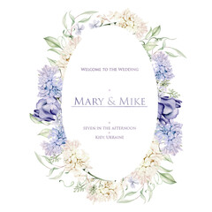 Beautiful tender  watercolor wreath with different flowers of hyacinth, tulips, violet. Illustration...