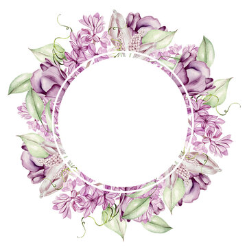 Beautiful tender  watercolor wreath with different flowers of hyacinth, tulips, violet. Illustration...