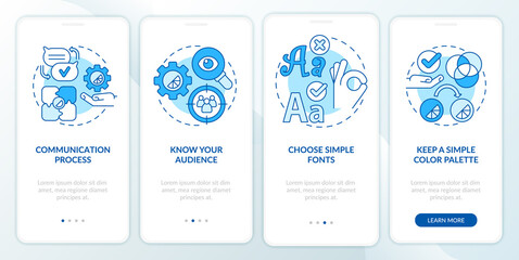 Fototapeta premium Graphic design rules blue onboarding mobile app screen. Visual content walkthrough 4 steps graphic instructions pages with linear concepts. UI, UX, GUI template. Myriad Pro-Bold, Regular fonts used