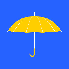 Yellow umbrella with a long handle on a blue background. Accessory for bad wet weather in the rainy and snowy season. Umbrella silhouette icon for apps, sites. Vector.