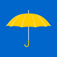 Yellow umbrella with a long handle on a blue background. Accessory for bad wet weather in the rainy and snowy season. Umbrella silhouette icon for apps, sites. 