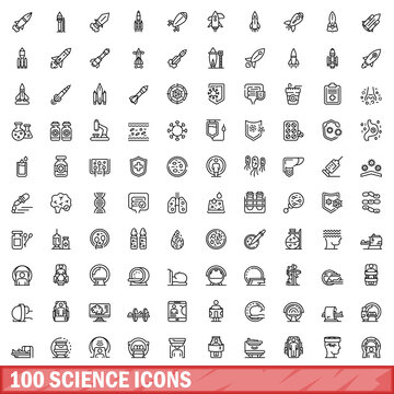 100 science icons set. Outline illustration of 100 science icons vector set isolated on white background