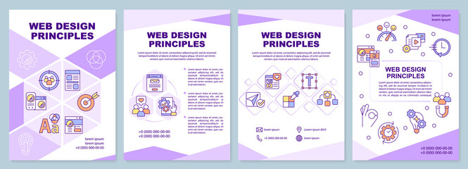 Fototapeta na wymiar Web design principles purple brochure template. Art work. Leaflet design with linear icons. 4 vector layouts for presentation, annual reports. Arial-Black, Myriad Pro-Regular fonts used