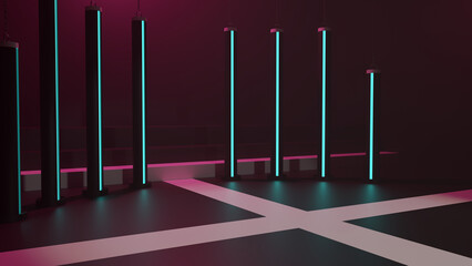 青いライトの柱がある空間　ステージ　フロア　ホール　3DCG　背景