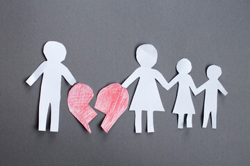 Paper chain cut family with broken heart on gray background. Divorce and broken family concept