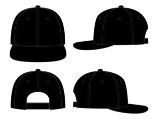 Blank Black Hip Hop Cap with Adjustable Hook and Loop Strap Closure Template on White Background, Vector File