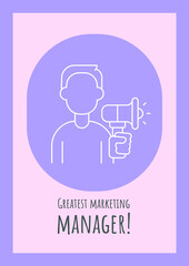 Best marketing manager postcard with linear glyph icon. Greeting card with decorative vector design. Simple style poster with creative lineart illustration. Flyer with holiday wish