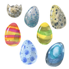 Watercolor illustration of happy Easter day. A set of individual images.