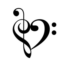 love heart music treble and bass clefs - obrazy, fototapety, plakaty