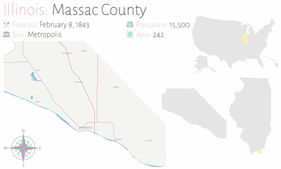 Large and detailed map of Massac county in Illinois, USA.
