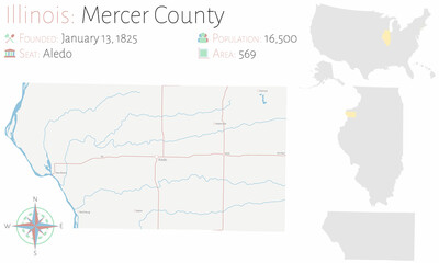 Large and detailed map of Mercer county in Illinois, USA.