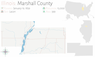 Large and detailed map of Marshall county in Illinois, USA.