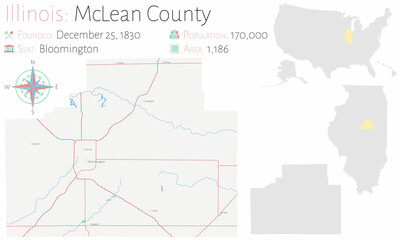 Large and detailed map of McLean county in Illinois, USA.