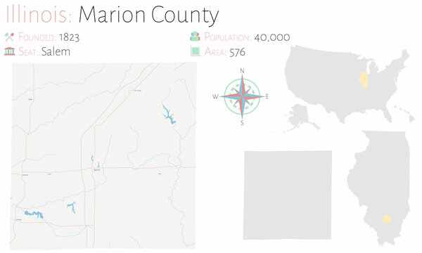 Large and detailed map of Marion county in Illinois, USA.