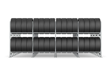 Car tires on rack. Isolated 3D illustration on white background