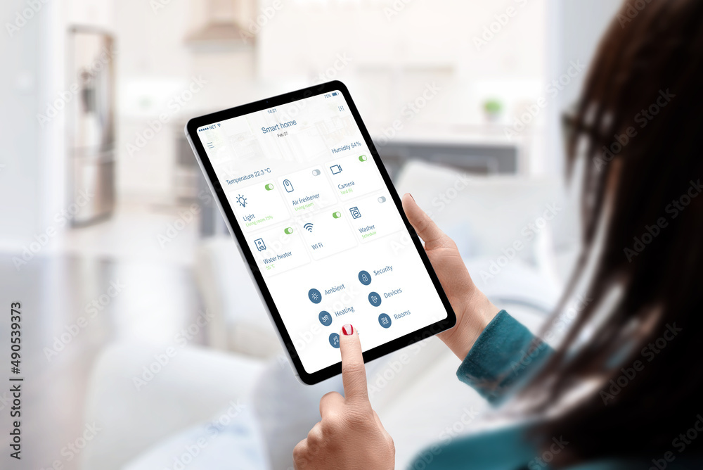 Poster Woman use smart home automatization app for monitoring and control home devices concept