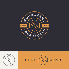 letter n s monogram with badge logo design