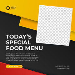 Fast food restaurant business marketing social media post or web banner template design with abstract background, logo and icon. Healthy food delivery online sale promotion flyer or poster.