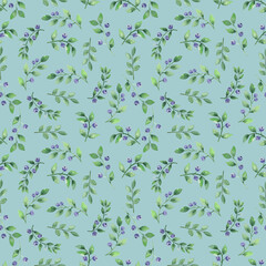 Watercolor seamless floral blueberry forest pattern 